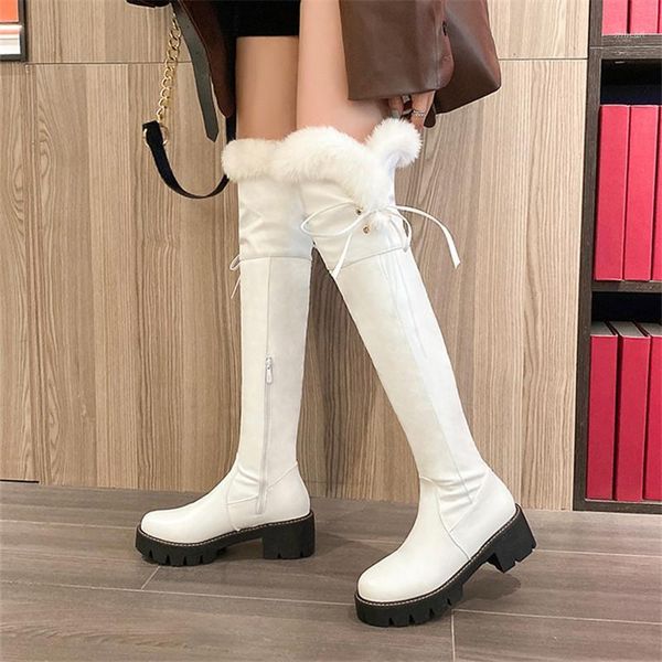 

boots 2021 women over knee round toe plush thick heel winter warm fashion party footwear plus size 34-431, Black