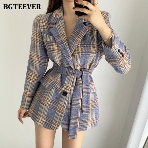 

bgteever vintage notched collar winter women plaid blazer 2020 winter elegant single-breasted lace-up thicken female jackets, White;black