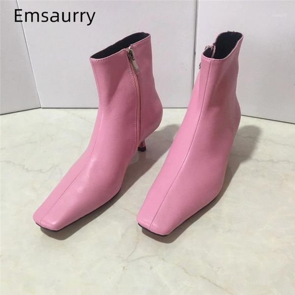 

boots multicolor genuine leather square toe woman kitten heel side zip candy color autumn winter ankle women1, Black