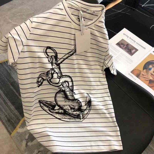 

women's t-shirt high edition early spring cd navy windboat anchor print short sleeve versatile cotton stripe t-shirt women 5blp, White