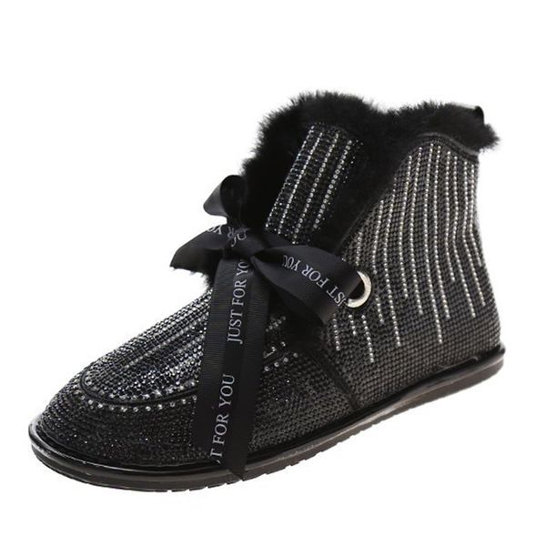 

2021 the new new bling crystal snowboots women dazzle color bow ankle boots plain winter warm woman teddy shoes short ladies 765t, Black