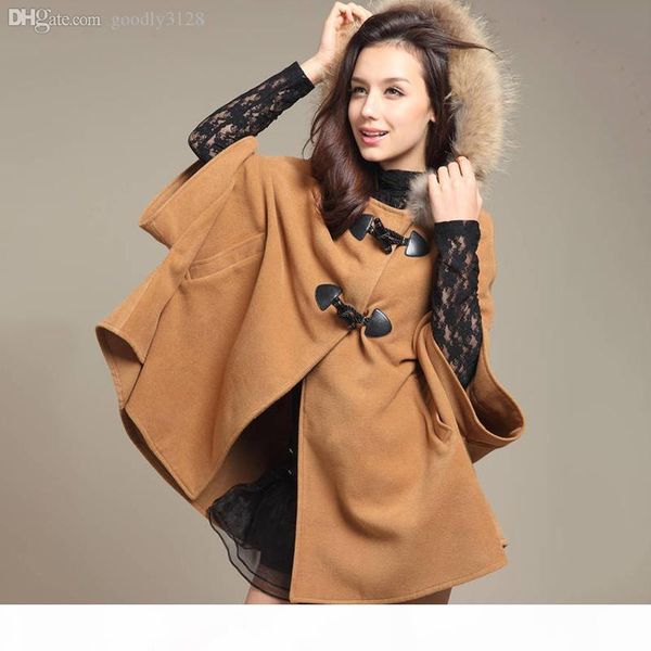 

wholesale-2015 fashion women winter warm faux fur jacket coats batween duffle trim cape coat office lady large size hoodie cloak parka, Black
