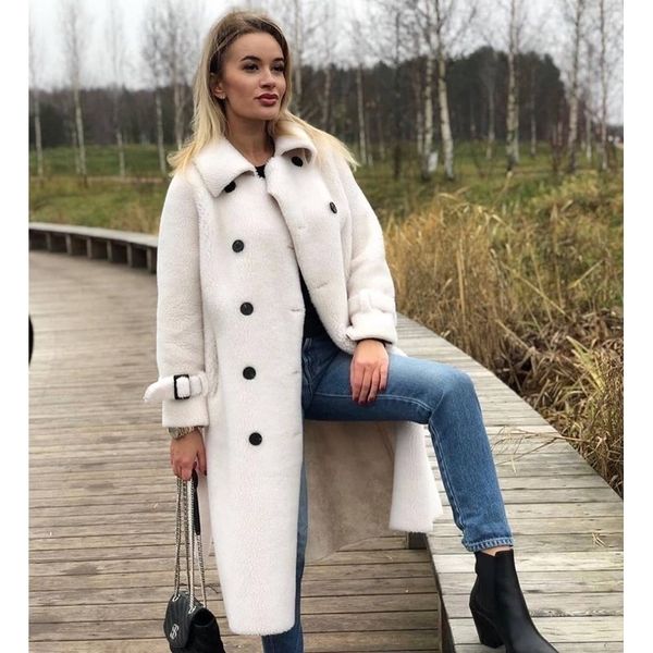 TopFur Echt Pelzmantel Frauen Winter Schaffell Mantel mit Gürtel Revers Kragen Neue Echtes Leder Mantel Graue Wolljacke Outwear 201120