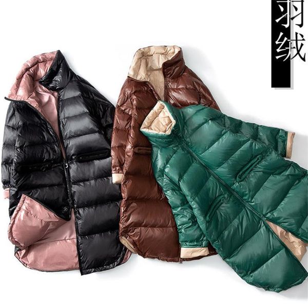 

gowyimmes 2020 new fashion autumn women light thin down jackets big size slim lady midi-long 90% white down coats winter jacket stand1, Black