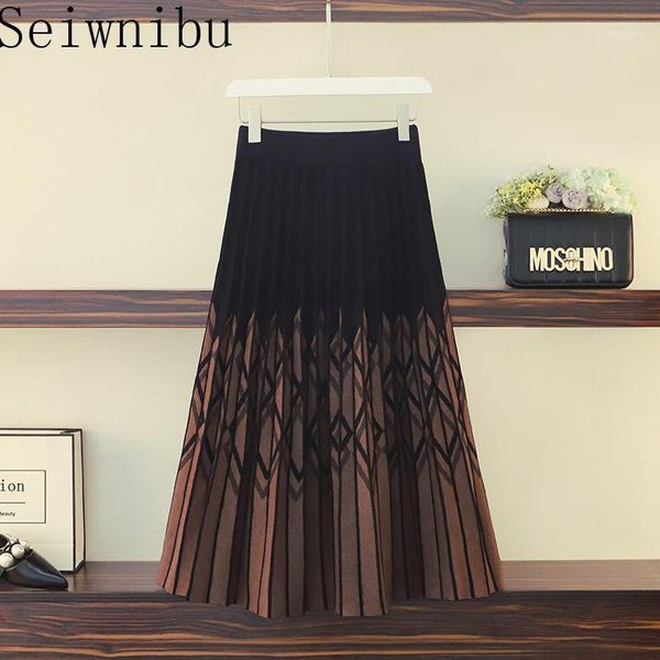 

2020 plus size autumn new style french high-waist fashion design jacquard a-line skirt knitted pleated skirt1, Black