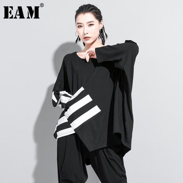 

eam] women black striped split joint big size t-shirt new round neck long sleeve fashion tide spring autumn 2020 1z2051, White