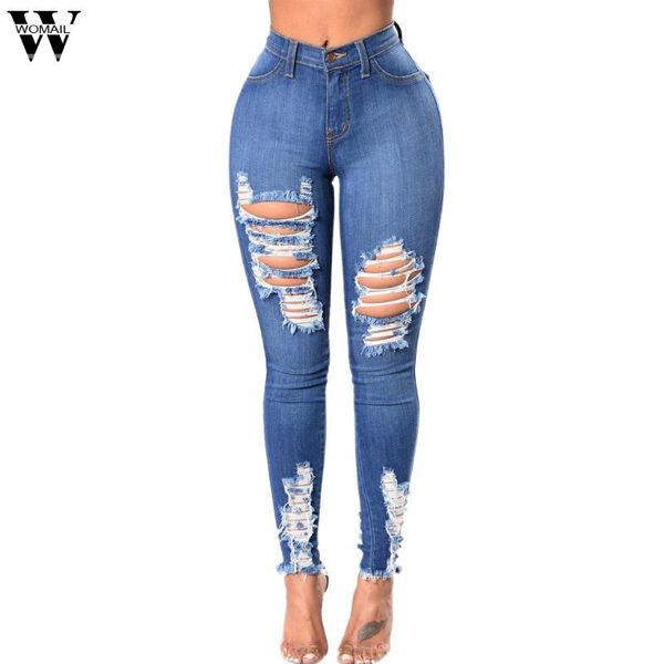 

womail high waisted stretch denim jeans high elastic denim hole female waist slim jeans pencil pants fashion, Blue