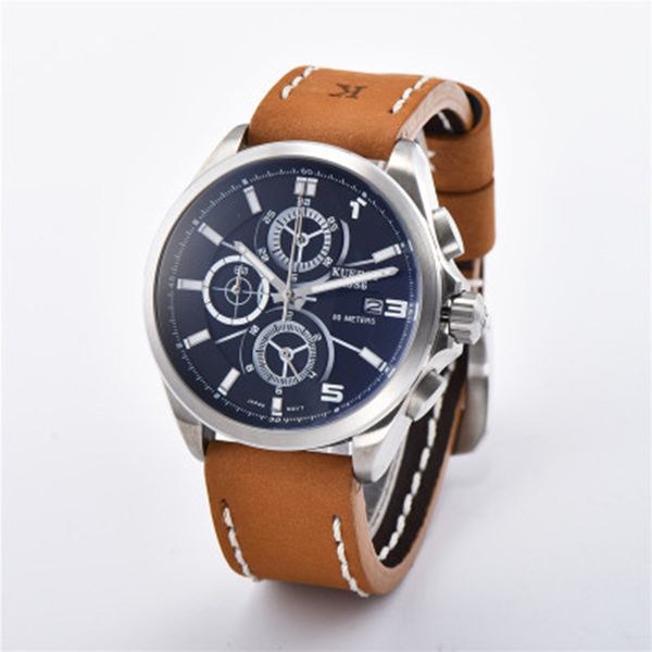 

2021 new men watch steel case metal brown leather strap japan vd57 quartz chronograph movement mens sport watches, Slivery;brown