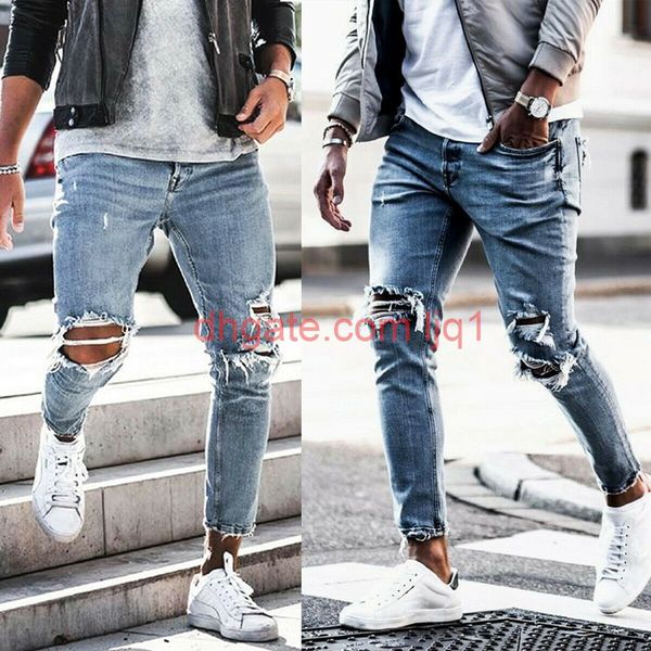 

men's ripped skinny biker pants destroyed frayed slim denim pants trousers, Blue