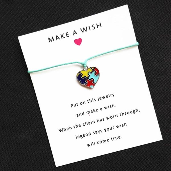 

4 colors wax cord heart enamel autism awareness jigsaw puzzle piece wish card bracelet for friend gift with card 1pcs, Golden;silver