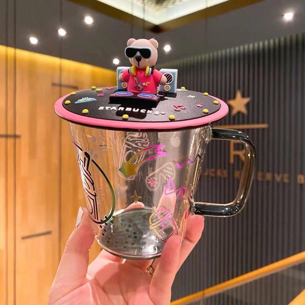 

starbucks music dj mug with cute bear silicone lid rainbow glass drinking cup