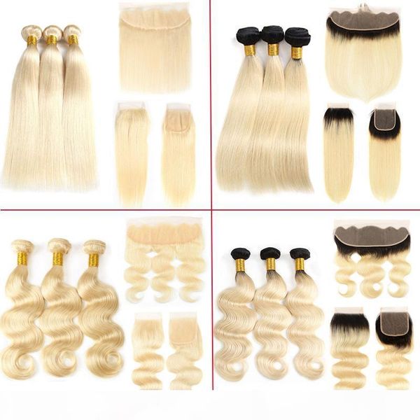 

silky straight blonde malaysian hair weave bundles with frontal closure pure color 613 blonde human hair extensions and lace frontal closure, Black;brown