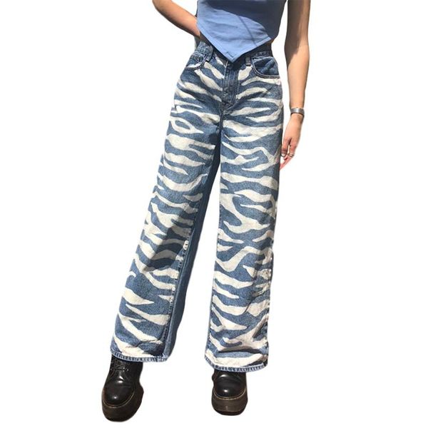 

women's jeans wide leg jeansvintage casual high waist zebra print relaxed fit long denim pants loose straight trousers streetwear, Blue