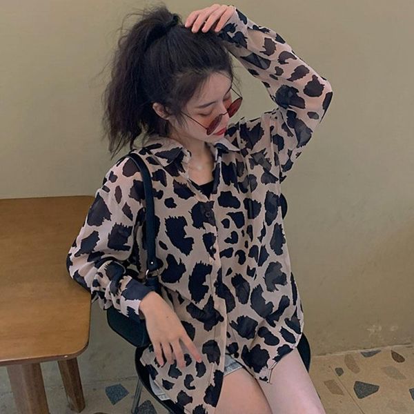 

women's blouses & shirts women retro leopard print shirt summer loose thin sunscreen autumn turn-down collar long-sleeved, White