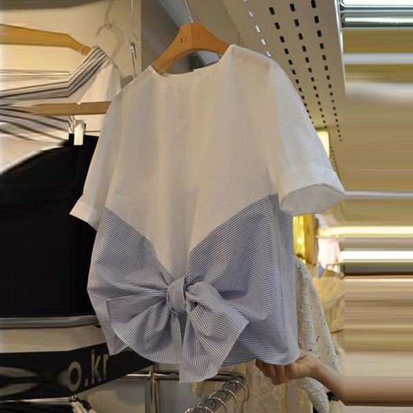 

2020 summer casual women shirts stripes joint pullover short-sleeved shirt women's sweet bow fashion shirts fashion1, White