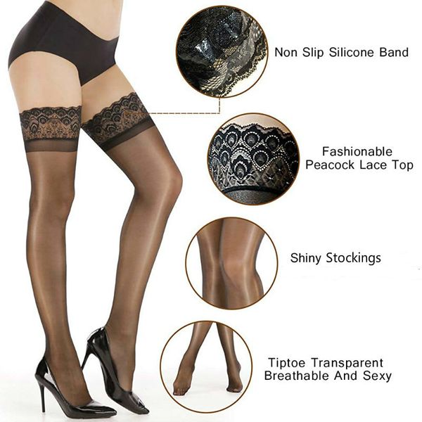 

non slip silicone stocking women's fashionable peacock lace shiny stockings tiptoe transparent breathable and hosiery, Black;white