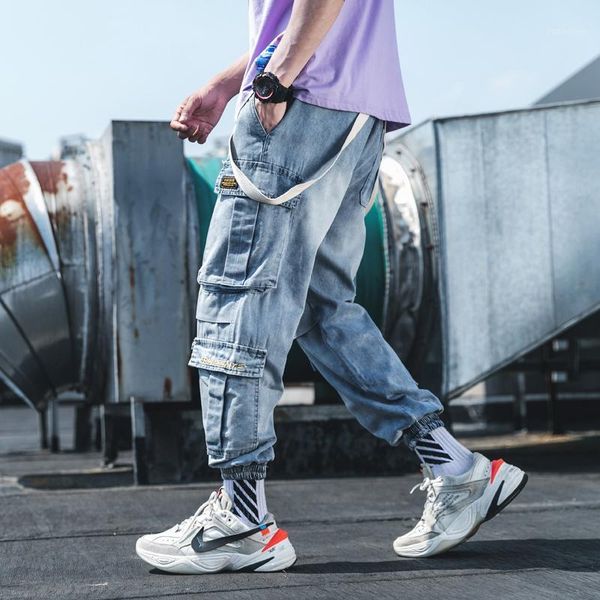 

2020 new european and american style harajuku quality street men youth loose solid color pocket dating casual jeans1, Blue