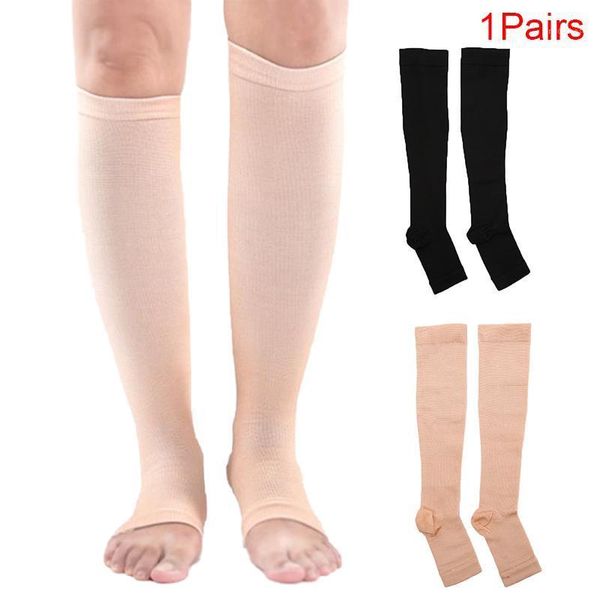 

1pair solid knee high compression open toe prevent swelling stocking1, Black;white
