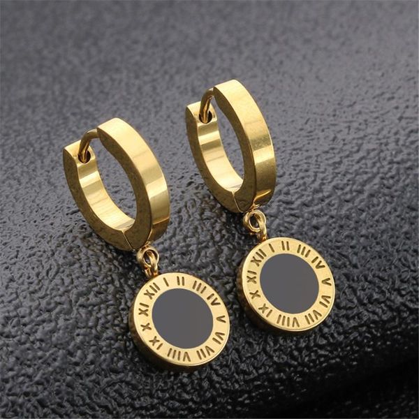 

High Grade Stainless Steel Dangle Earring Roman Numeral Round Pendant for Women Rose Gold Color Ear Jewelry Gift, Silver