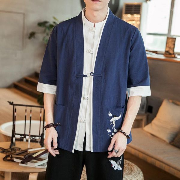 

japanese kimono cardigan men cotton linen chinese style harajuku kimono shirt male streetwear oversized shirt men 2020 clothe1, Red