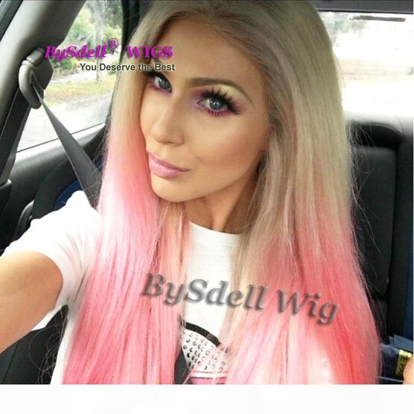 

gorgeous mermaid hairstyle wig two tone blonde root ombre pink color front lace wigs unicorn party women wig, Black