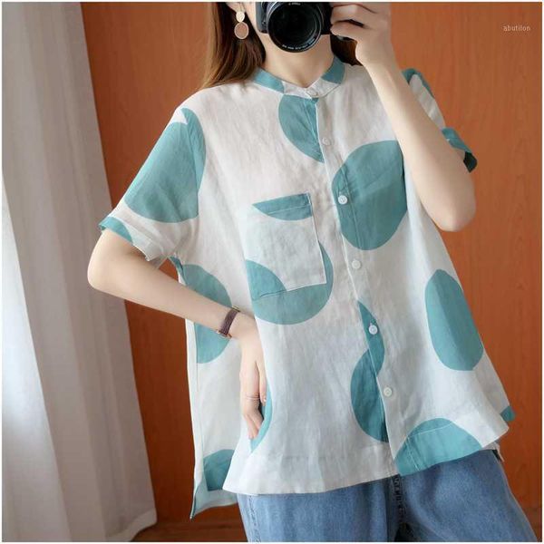 

women's blouses & shirts casual short sleeve stand collar big blue circles print pure cotton blouse, ultra loose large preppy young lad, White