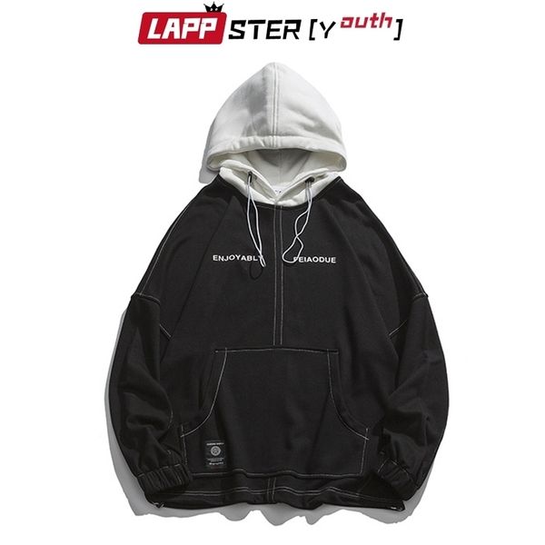 

lappster-youth men oversized patchwork hooded hoodies mens japanese streetwear hoodie fall clothing hip hop harajuku hoodie 201020, Black