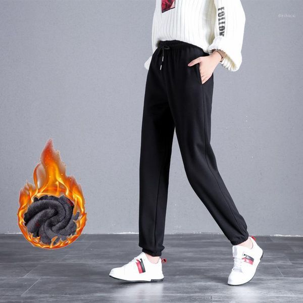 

2020 casual loose plus velvet thickened sports pants women's elastic waist drawstring belt pocket guard pants feet harem1, Black;white
