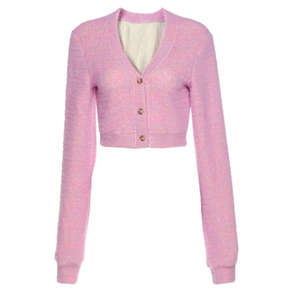 

women's knits & tees women long sleeve knitted cardigan v-neck buttons fuzzy cropped sweater coat y1ac, White