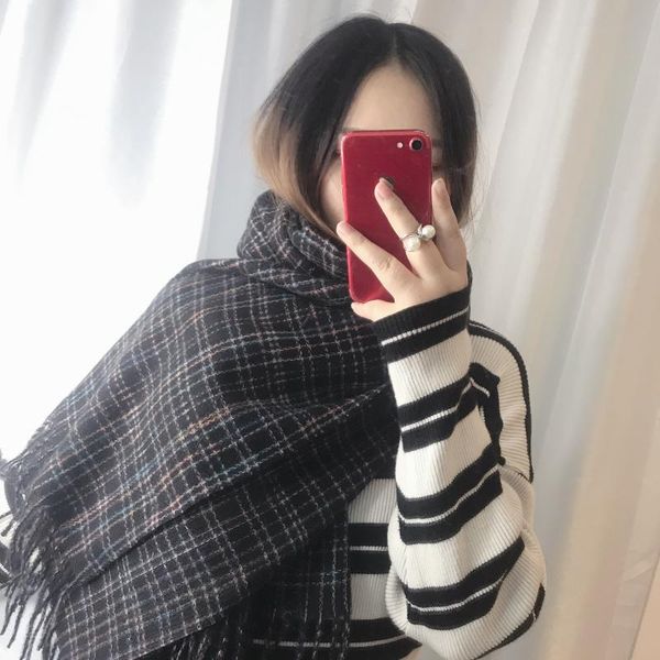 

scarves winter 2021 classic plaid cashmere women's scarf fashion double face warm european american tassel with shawl, Blue;gray