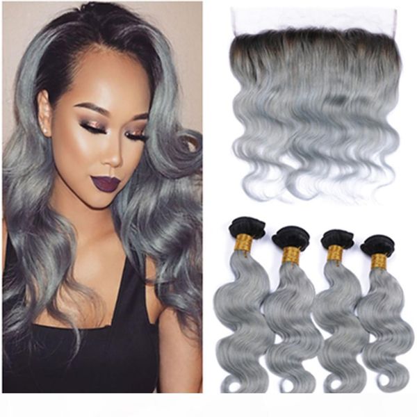

peruvian human hair ombre silver grey weave wefts with frontal #1b grey black roots ombre body wave 4bundles with 13x4 full lace frontal, Black;brown