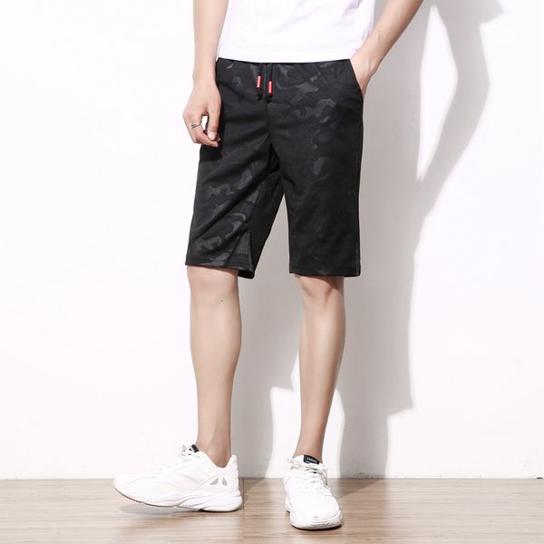 

18 years thin summer new product black texture camouflage 5-point elastic waist straight casual men's shorts, White;black