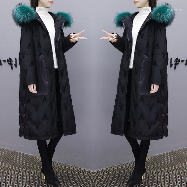 

high grade new winter black embroidered parka down coat jacket women korean long big fur collar white duck down jacket women coa1