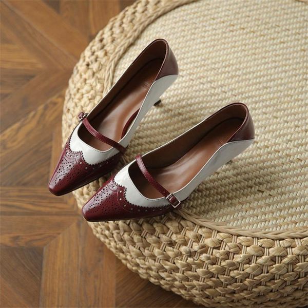 

2021 spring women's pumps genuine leather square toe thin heel soft retro fashion hollow pattern color matching mary jane shoes, Black