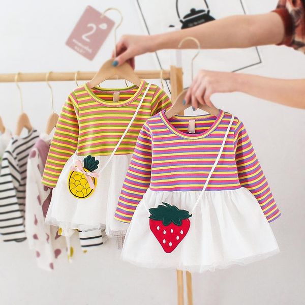 

girl's dresses yellow pink cute toddler baby girls summer dress princess party stripe kid clothes infant mesh with bag, Red;yellow
