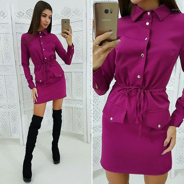

women casual sashes straight dress ladies long sleeve turn down collar office work slim fashion elegant dress vintage 2020 new1, Black;gray