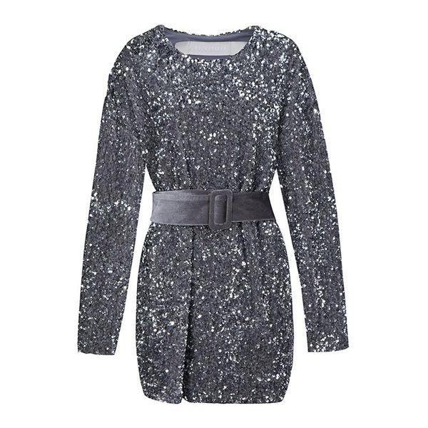 

casual dresses gray v-neck long sleeve empire sequined mini a-line dress female sashed women spring christmas party blingbling d3026, Black;gray