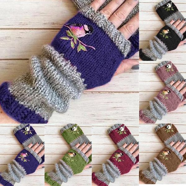 

bird embroidery women winter warm fingerless knit mittens gloves, Blue;gray