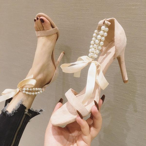 

9cm heels 2021 summer fashion women pearl sandals high-heel ankle lace-up lady party shoes, Black