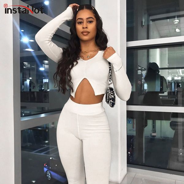 

instatwo piece sets long sleeve split v neck crop skinny jogger high waist pants bodycon fitness casual women set lj201123, White