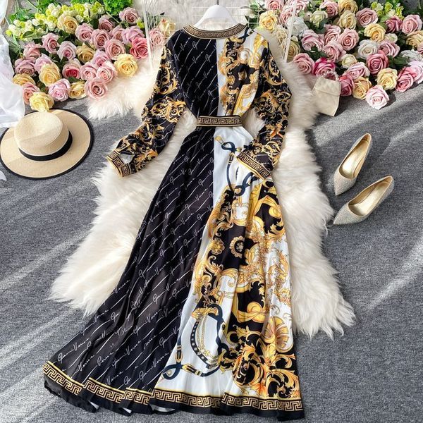 

autumn new style elegant waist slimming retro print v-neck dress fashion big swing dress women y0118, Black;gray