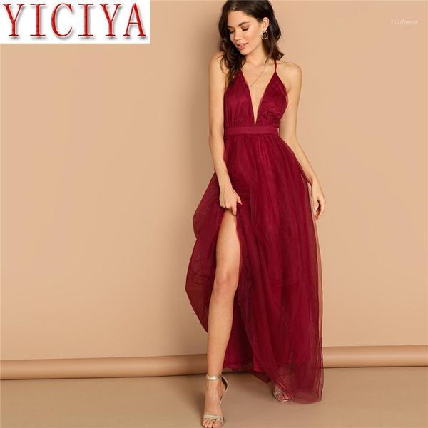 

casual dresses red burgundy plunging neck crisscross back cami dress maxi plain night out autumn modern lady women party dresses1, Black;gray