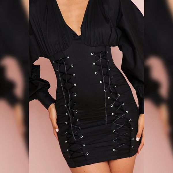 

black white women dresses v-neck long sleeves bodycon lace-up short dress female spring fall mini vestido femme clubwear, Black;gray