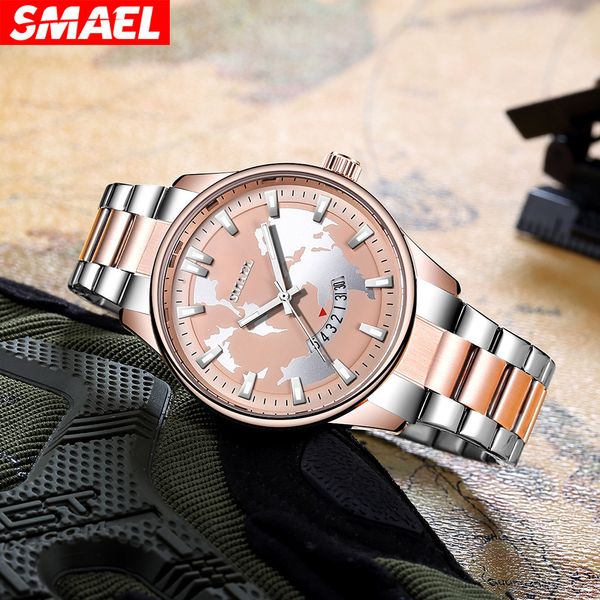 

new smael smer watch outdoor sports quartz watch waterproof calendar steel band multifunctional men's watch, Slivery;brown