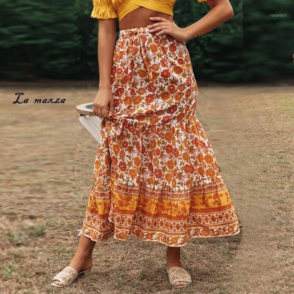 

2020 summer casual print women skirt fashion bohemian ruffles long skirt vintage ladies1, Black