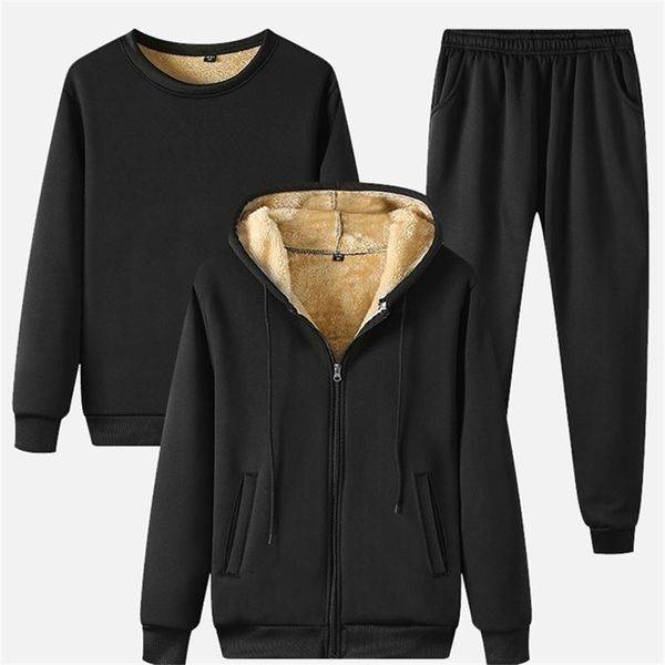 

winter men's black fleece 3 pieces set thicken warm hoodies pullover + pants + outwear sets loose casual fashion male suits 201130, Gray