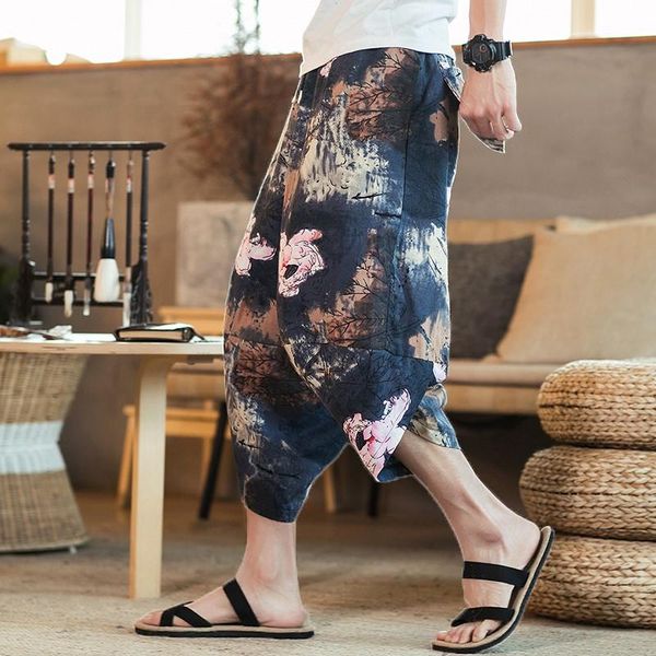 

summer casual loose shorts men hip hop trousers male print vintage flowers print calf length short beach mens linen clothing 5xl, White;black