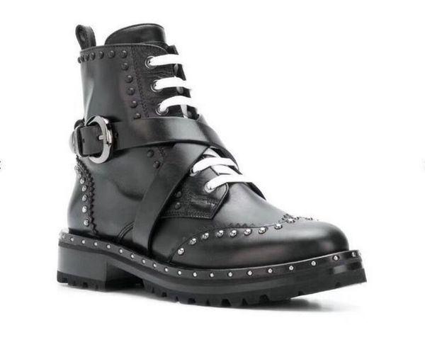 

luxury designer women's classic dress waterproof snow boots latest autumn and winter models motorcycle rivet short boots military boots, Black