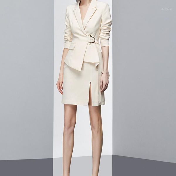 

small irregular accept waist handsome suit new female in the autumn of 2020 little show high skirts two-piece outfit1, White