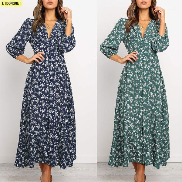 

casual dresses winter dress women autumn retro small floral lantern long sleeve button high waist female1, Black;gray